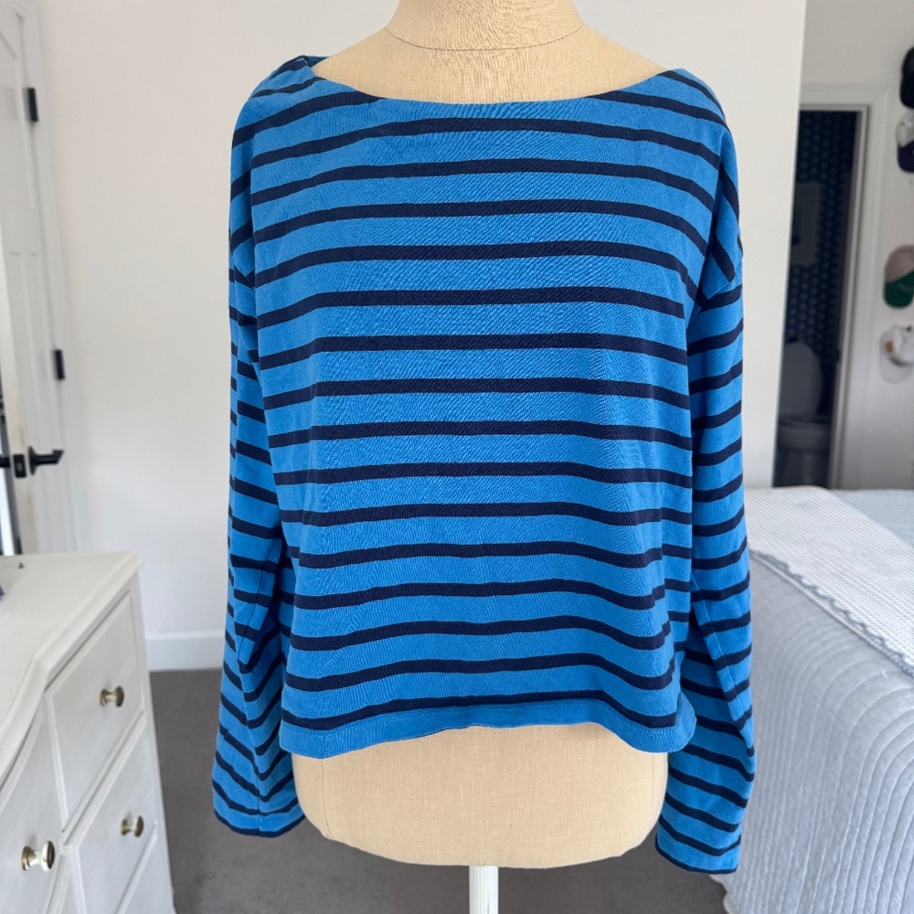 J Crew Bright Blue Navy cropped stripe Breton top Size Small